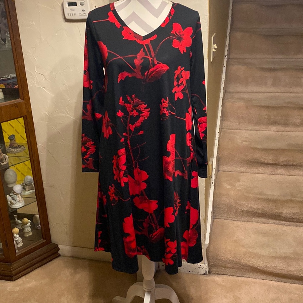 NWT Small Lularoe Emily Swing dress-black background with gorgeous red floral